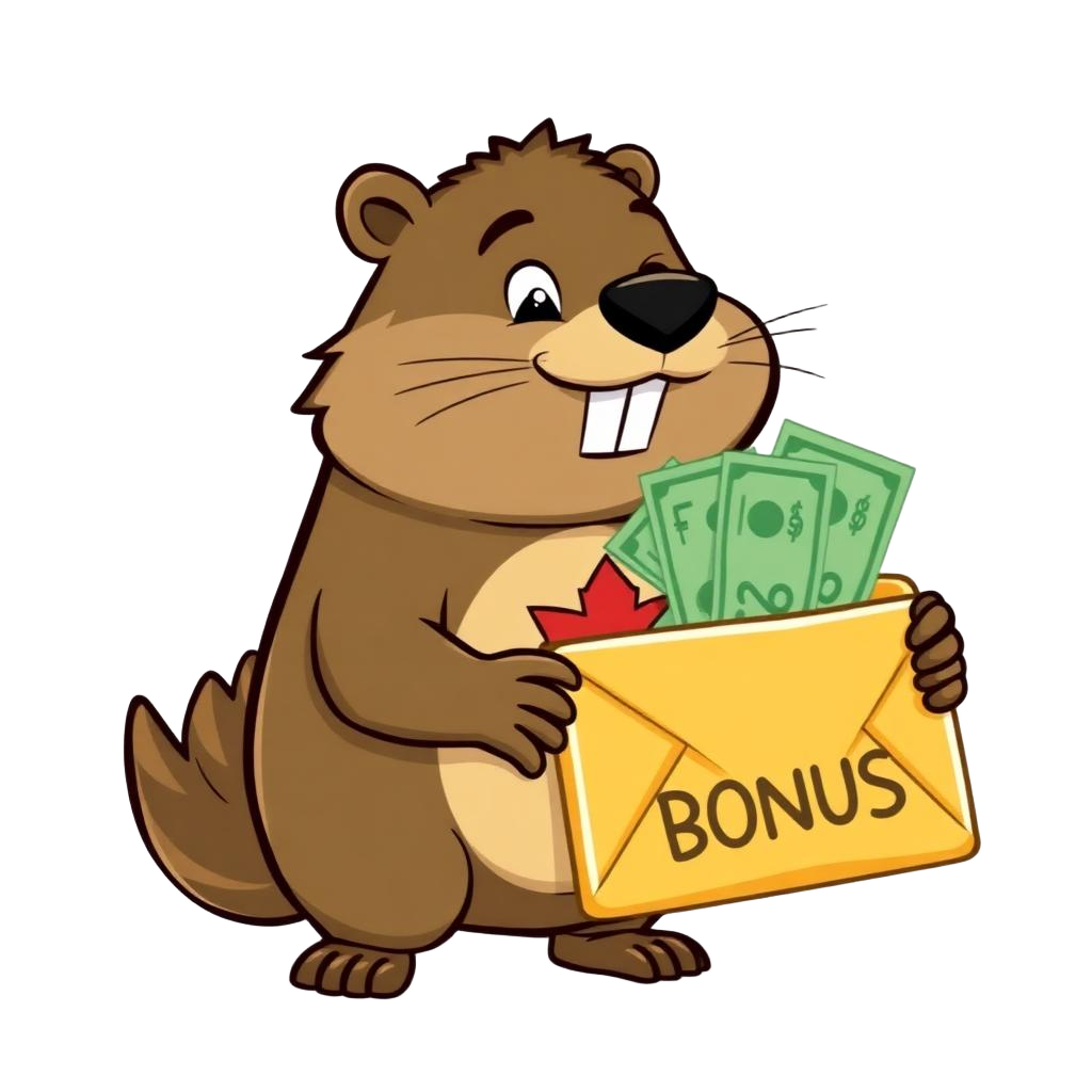 Deposit Bonus CA maple beaver mascot stuffing a bonus envelope
